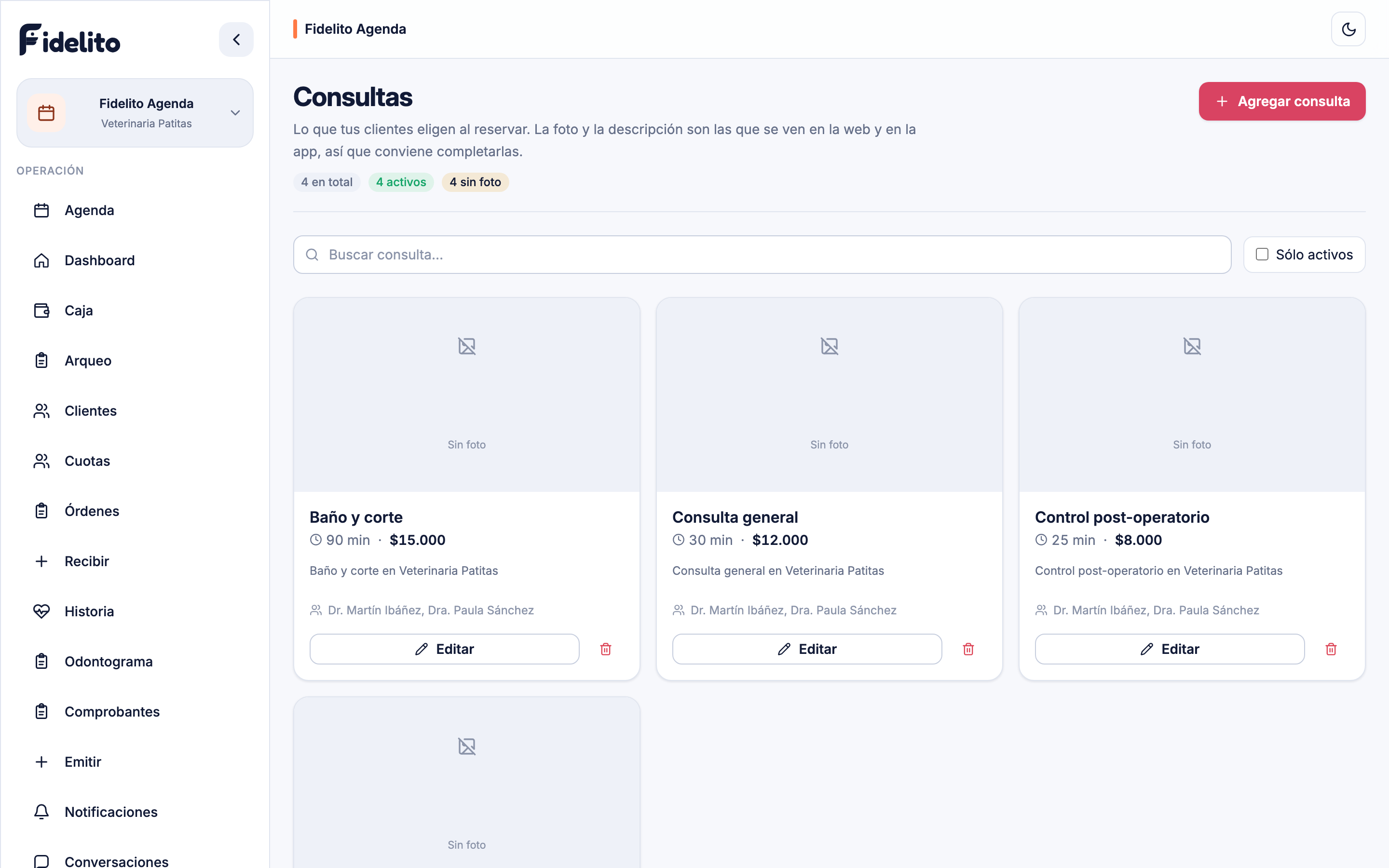 El panel de Fidelito configurado para Veterinaria Patitas, veterinaria: el menú y los servicios con las palabras del rubro